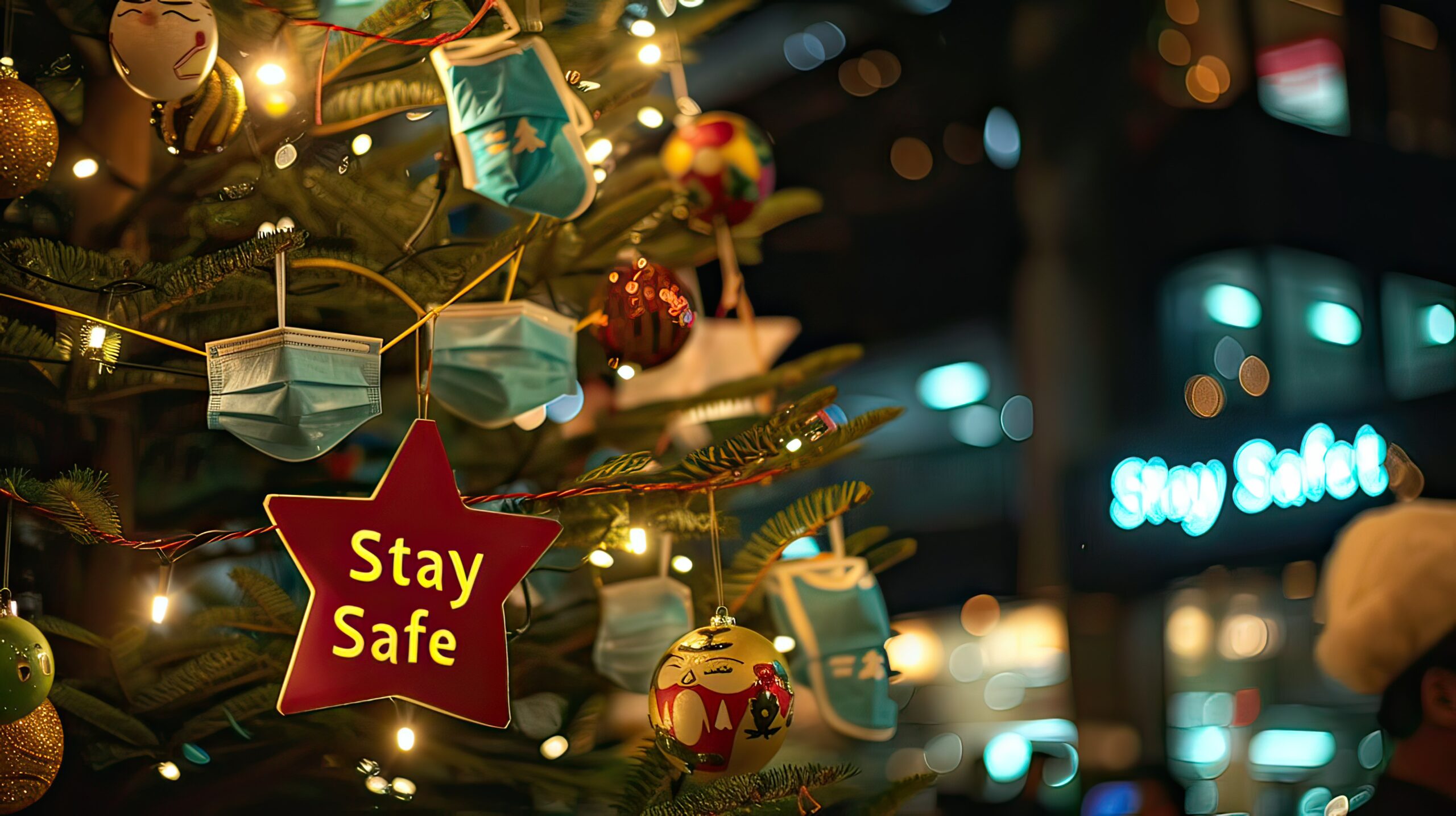 A Christmas tree decorated with face masks and a "Stay Safe" message.