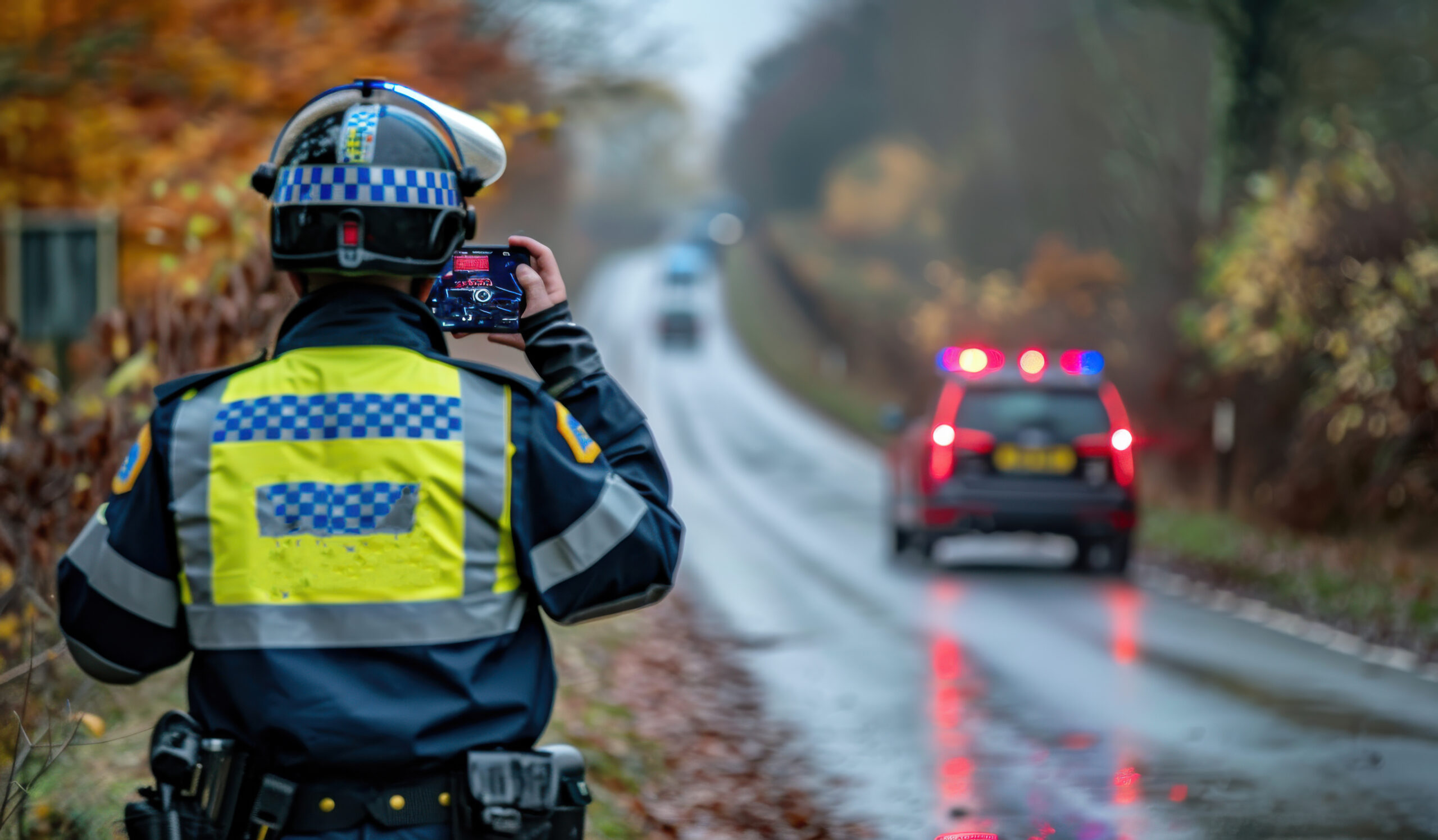A police officer in reflective gear uses a digital speedometer to check the speed of a car on a countryside road on a rainy day.