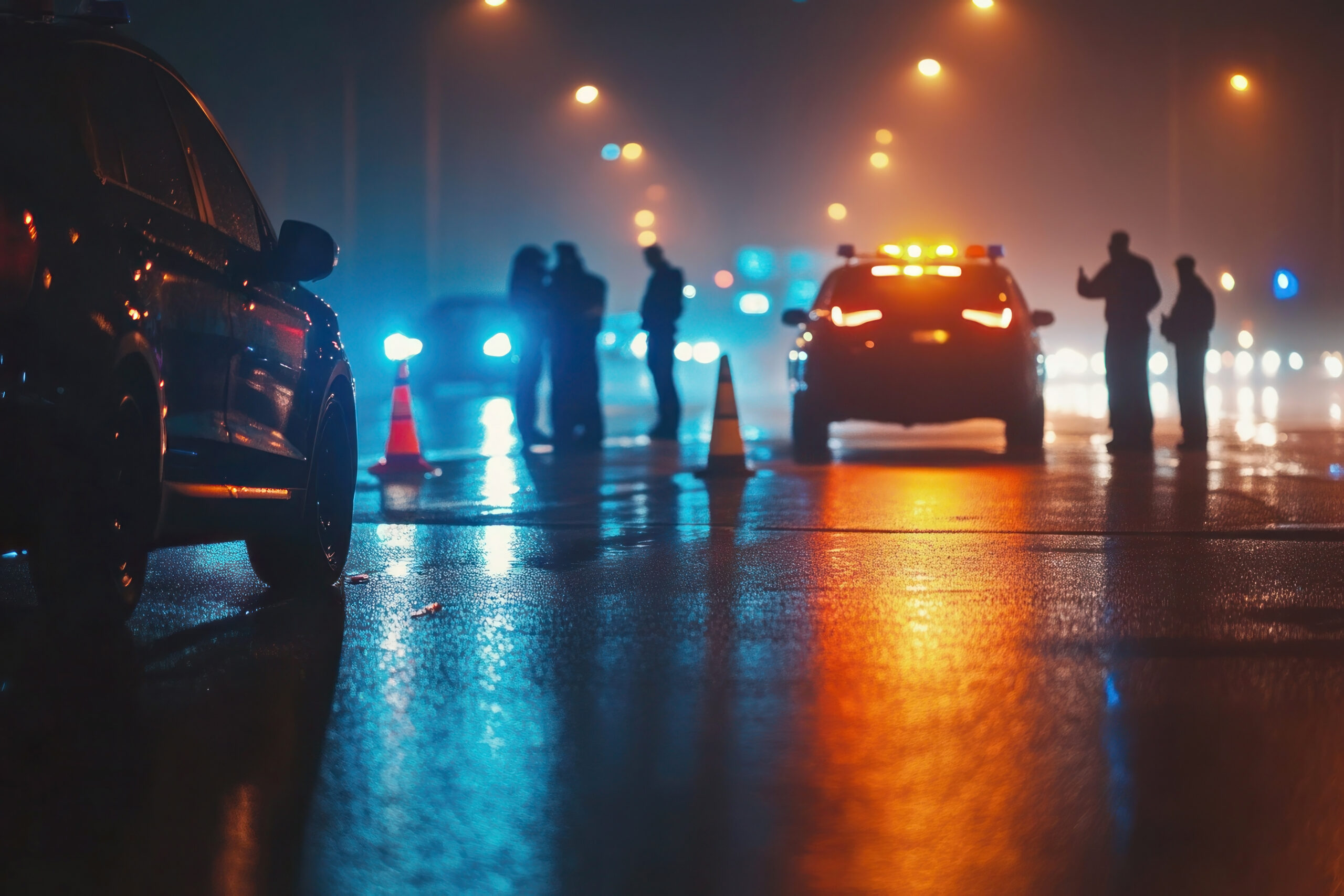 Police checkpoint at night with officers checking cars passing by.