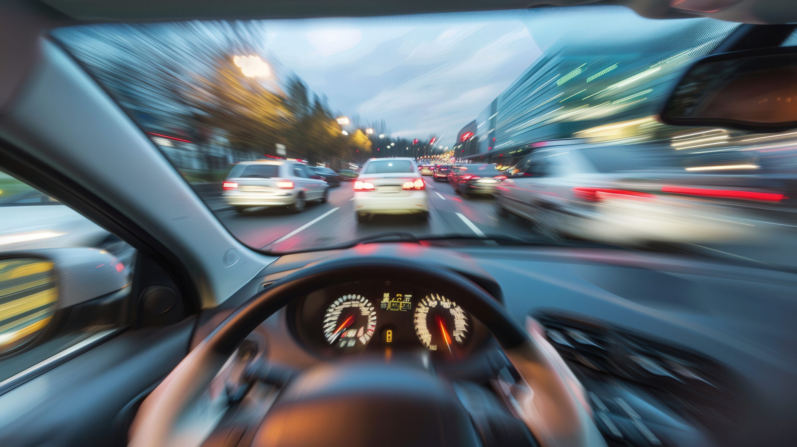 A dynamic point-of-view shot from a moving car on a highway at dawn.