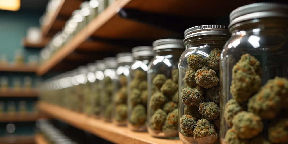 Glass jars with cannabis buds on shelf in store