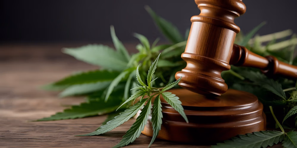 Wooden gavel and cannabis leaves on a rustic wooden table representing marijuana law 