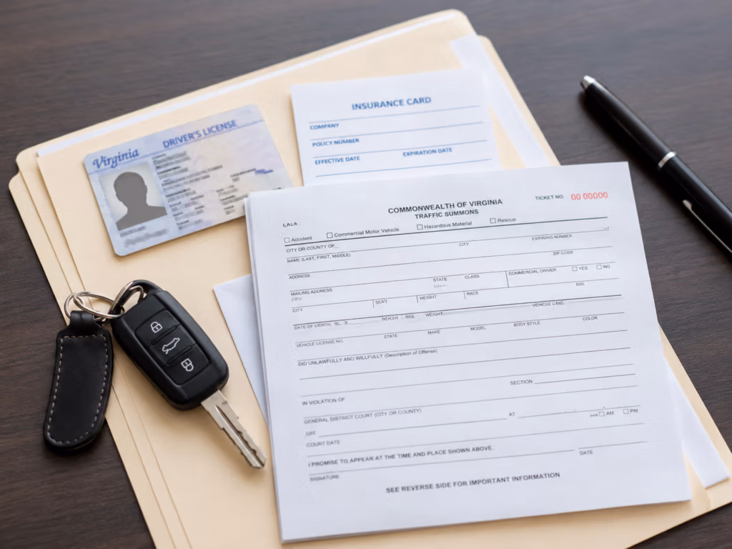 Virginia Uniform Summons on a desk with a driver's license, insurance card, and car keys