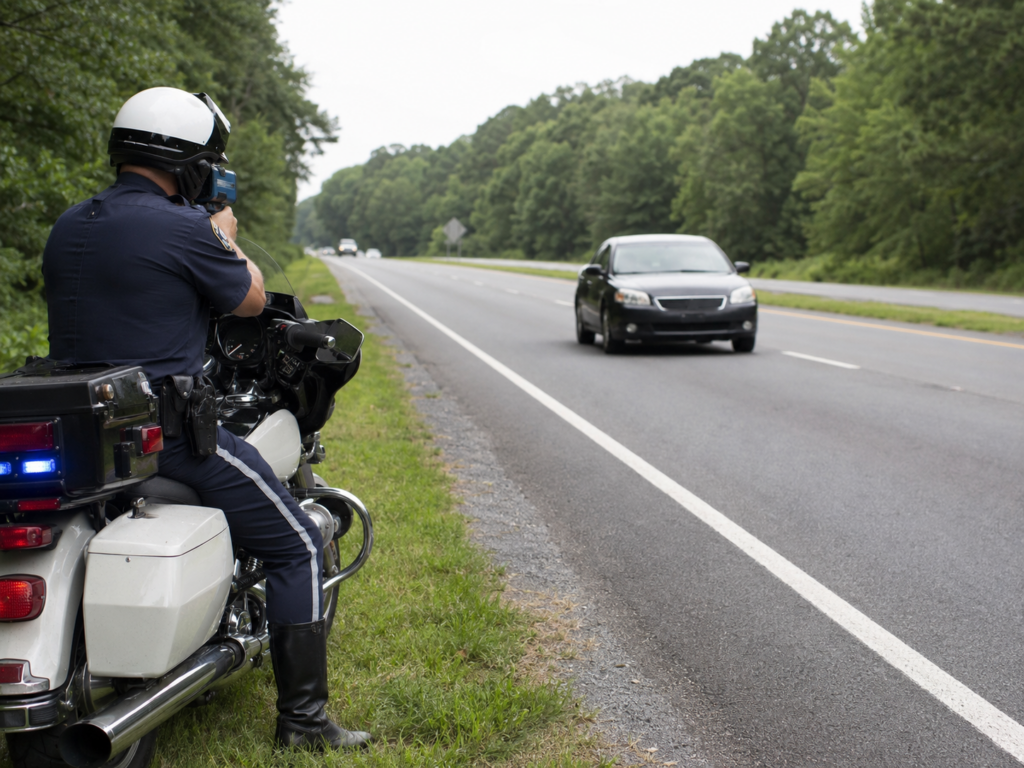 An image of a speeding ticket motorcycle officer with a speed gun