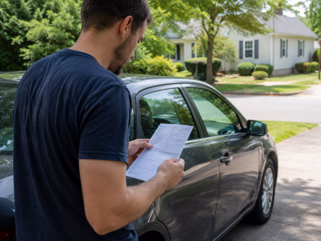 Driver reviewing a Virginia Uniform Summons outside his home