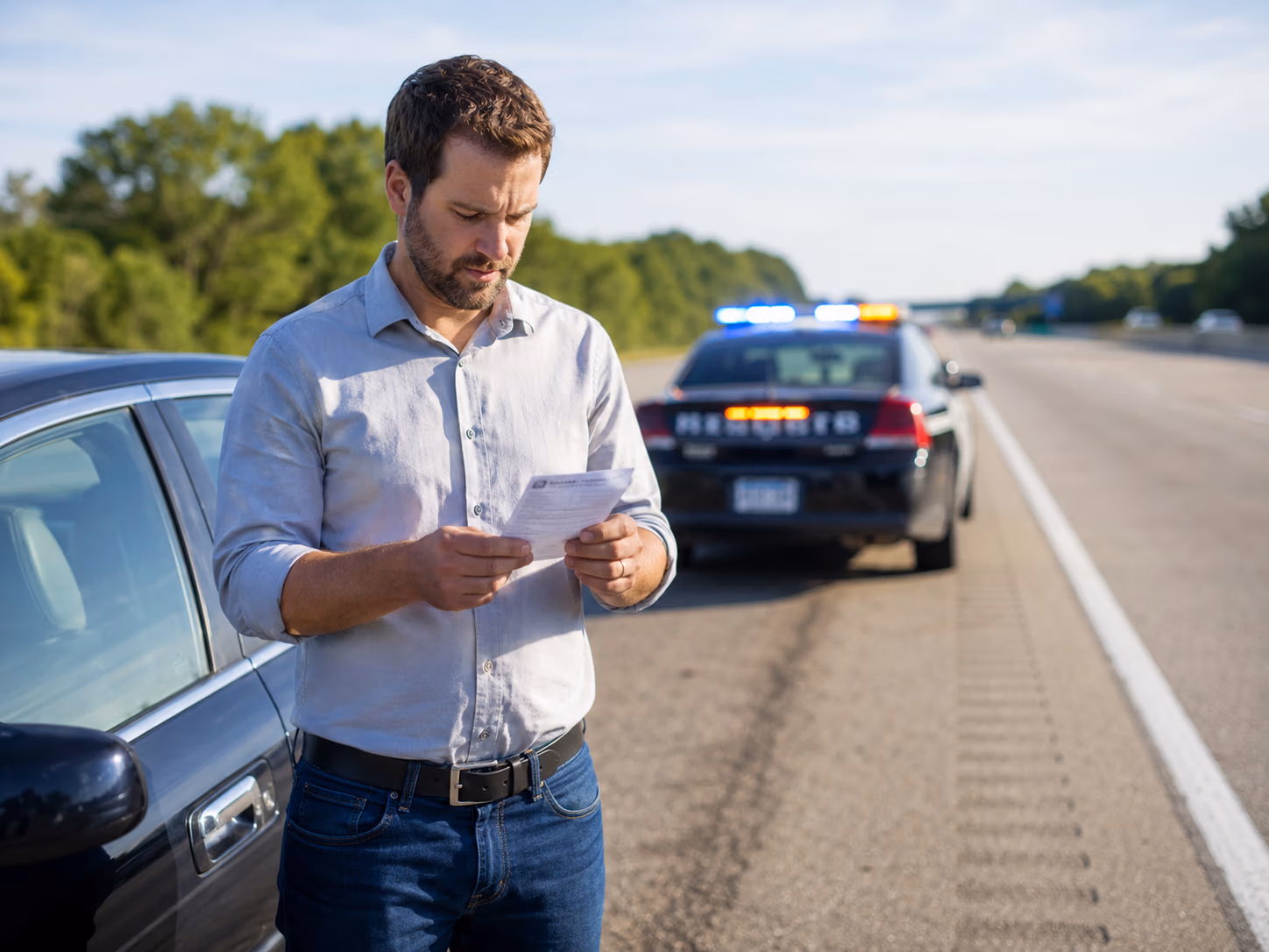 Driver reading a Virginia Uniform Summons on the roadside after a traffic stop